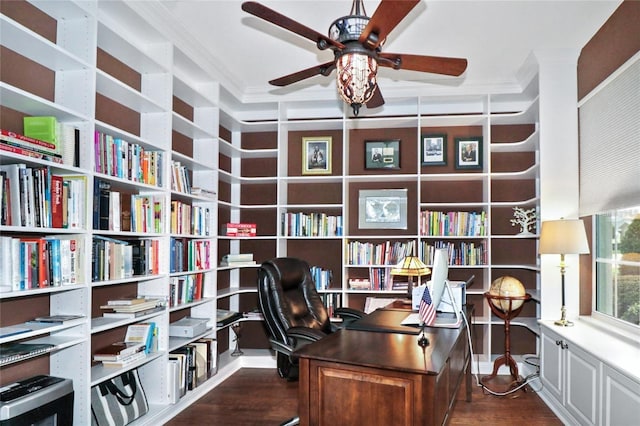 11868 SE 91st Cir, Summerfield, FL 34491 - office area featuring a ceiling fan, crown molding, and dark wood-style flooring