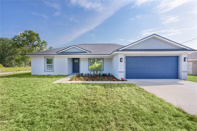 472 Malauka Radl, Ocklawaha, FL 32179 - single story home with a garage, concrete driveway, a front yard, stucco siding, and a shingled roof