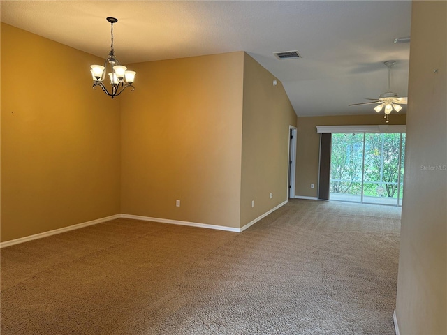 2530 Hanlon Ter, The Villages, FL 32162 - empty room with carpet floors, a chandelier, ceiling fan, lofted ceiling, and baseboards