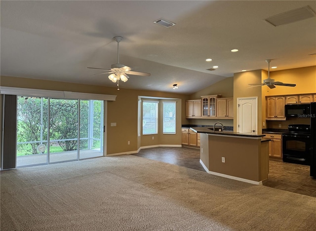 2530 Hanlon Ter, The Villages, FL 32162 - kitchen featuring black appliances, a ceiling fan, dark colored carpet, dark countertops, and recessed lighting