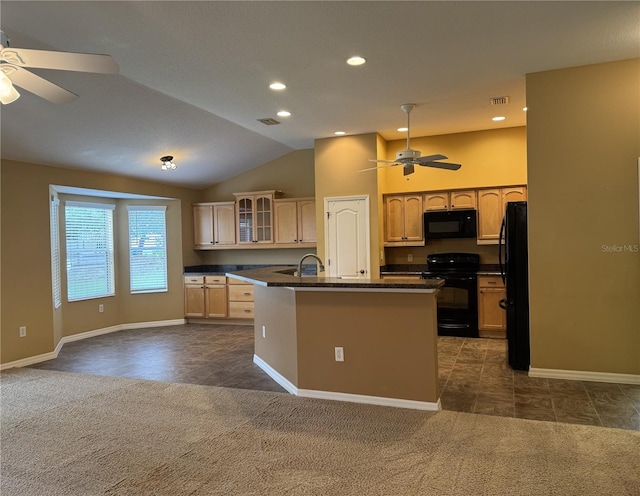 2530 Hanlon Ter, The Villages, FL 32162 - kitchen with black appliances, ceiling fan, dark carpet, recessed lighting, and vaulted ceiling