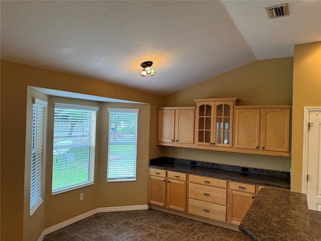 2530 Hanlon Ter, The Villages, FL 32162 - kitchen with lofted ceiling, glass insert cabinets, dark countertops, light brown cabinets, and a textured ceiling
