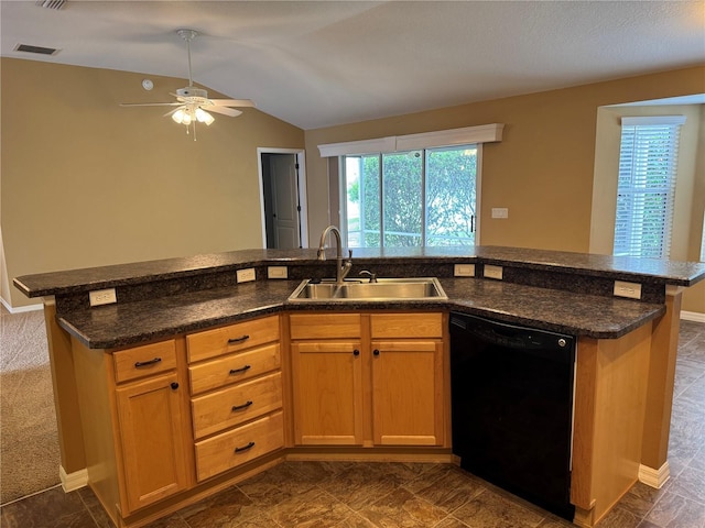 2530 Hanlon Ter, The Villages, FL 32162 - kitchen with dishwasher, a sink, ceiling fan, lofted ceiling, and baseboards