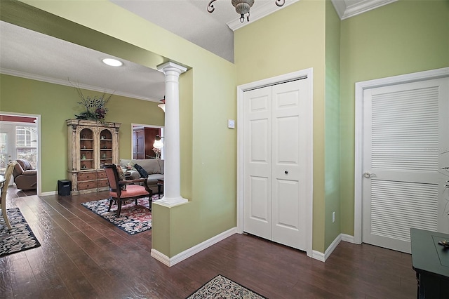 215 Chula Vista Ave, The Villages, FL 32159 - entryway with dark wood-style floors, ornamental molding, ornate columns, and baseboards