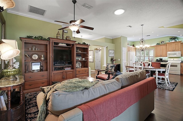 215 Chula Vista Ave, The Villages, FL 32159 - living room featuring ceiling fan, dark wood-style flooring, crown molding, a chandelier, and recessed lighting