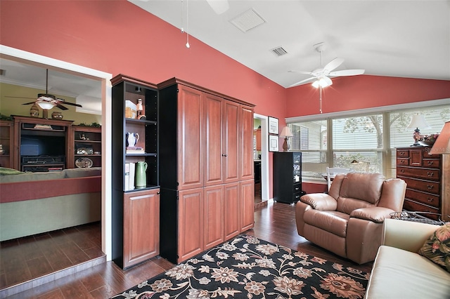 215 Chula Vista Ave, The Villages, FL 32159 - living area with ceiling fan, dark wood-style flooring, and lofted ceiling