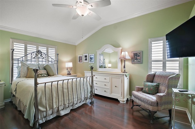 215 Chula Vista Ave, The Villages, FL 32159 - bedroom featuring lofted ceiling, crown molding, dark wood finished floors, baseboards, and ceiling fan