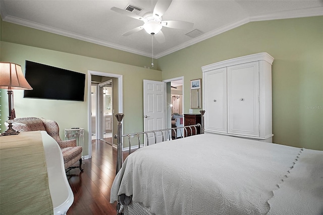215 Chula Vista Ave, The Villages, FL 32159 - bedroom featuring dark wood finished floors, ornamental molding, baseboards, a ceiling fan, and vaulted ceiling