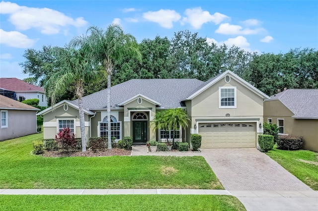 4239 Fawn Meadows Cir, Clermont, FL 34711 - view of front of property with stucco siding, driveway, and a front lawn