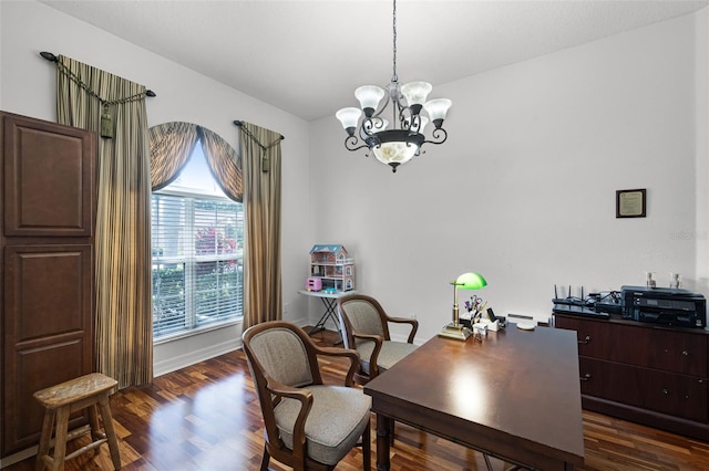 4239 Fawn Meadows Cir, Clermont, FL 34711 - office featuring a chandelier, dark wood-type flooring, and baseboards