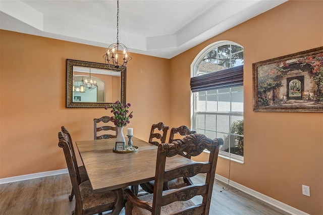 34231 Shadewood Cir, Leesburg, FL 34788 - dining area featuring a tray ceiling, a chandelier, wood finished floors, and baseboards