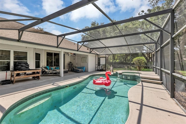 34231 Shadewood Cir, Leesburg, FL 34788 - view of pool featuring a patio, a pool with connected hot tub, an outdoor living space, and a lanai