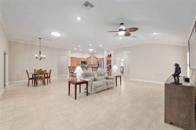 3097 Bureau Path, The Villages, FL 32163 - living area with ceiling fan, arched walkways, recessed lighting, baseboards, and crown molding