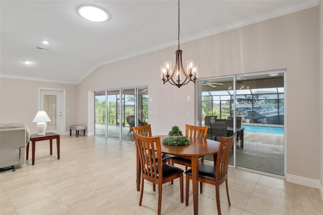 3097 Bureau Path, The Villages, FL 32163 - dining room with ornamental molding, vaulted ceiling, a chandelier, and baseboards