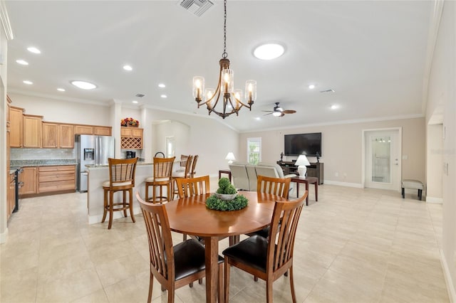 3097 Bureau Path, The Villages, FL 32163 - dining area with ceiling fan, crown molding, a chandelier, recessed lighting, and baseboards