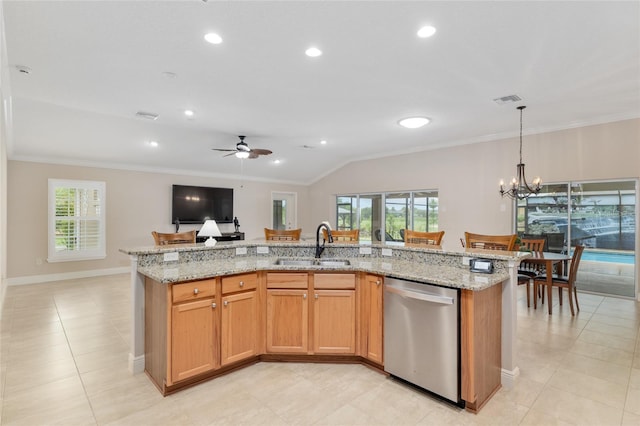 3097 Bureau Path, The Villages, FL 32163 - kitchen featuring stainless steel dishwasher, a sink, ornamental molding, healthy amount of natural light, and open floor plan