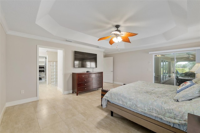 3097 Bureau Path, The Villages, FL 32163 - bedroom with a raised ceiling, access to outside, baseboards, ornamental molding, and a ceiling fan