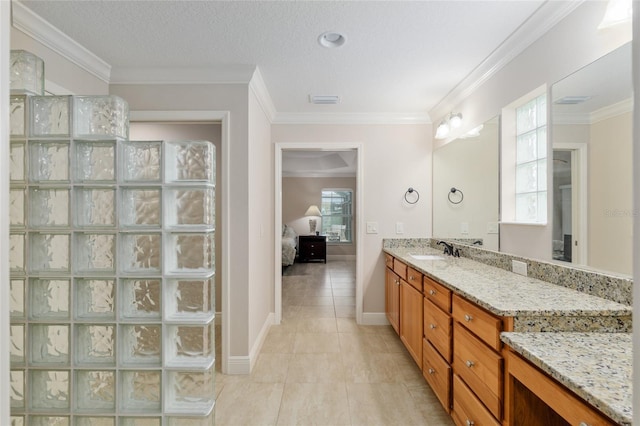 3097 Bureau Path, The Villages, FL 32163 - ensuite bathroom featuring vanity, tile patterned floors, walk in shower, baseboards, and ornamental molding