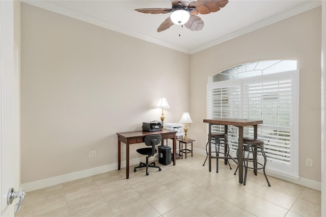3097 Bureau Path, The Villages, FL 32163 - office with ornamental molding, a ceiling fan, baseboards, and light tile patterned floors