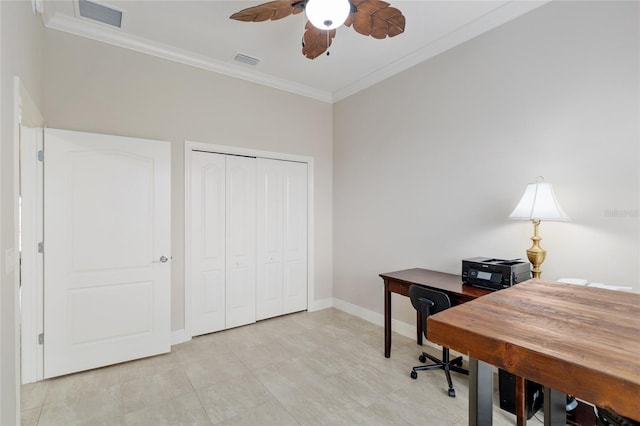 3097 Bureau Path, The Villages, FL 32163 - office featuring crown molding, ceiling fan, and baseboards