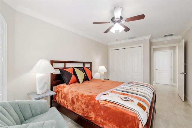 3097 Bureau Path, The Villages, FL 32163 - bedroom featuring ornamental molding, a closet, light tile patterned floors, ceiling fan, and baseboards
