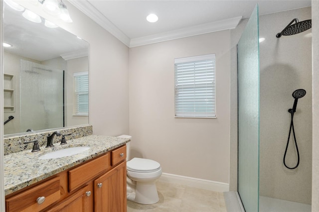 3097 Bureau Path, The Villages, FL 32163 - full bath featuring a shower stall, vanity, ornamental molding, toilet, and baseboards