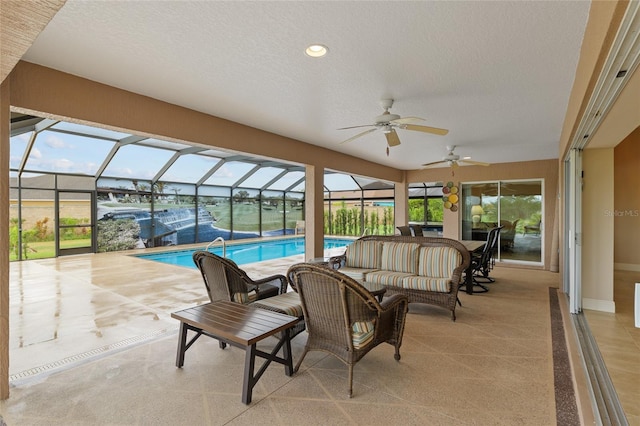 3097 Bureau Path, The Villages, FL 32163 - view of patio / terrace with a ceiling fan, an outdoor pool, and a lanai