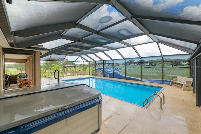 3097 Bureau Path, The Villages, FL 32163 - outdoor pool with a patio area, glass enclosure, and a hot tub