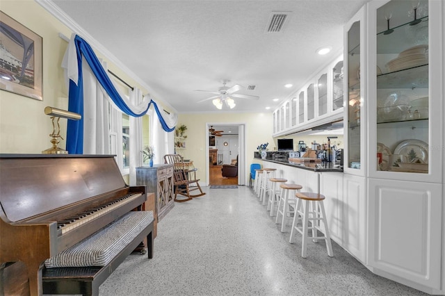 101 Lakeshore Blvd, Saint Cloud, FL 34769 - kitchen featuring a ceiling fan, dark aggregate flooring, glass insert cabinets, white cabinetry, and recessed lighting