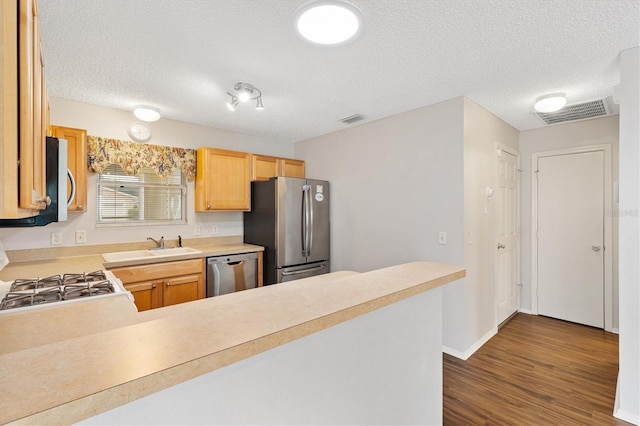 2317 Whisper St, The Villages, FL 32162 - kitchen featuring stainless steel appliances, a sink, dark wood-style flooring, a textured ceiling, and light countertops