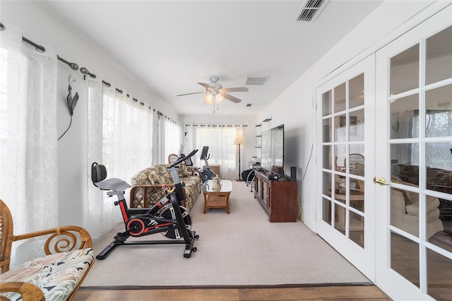 8850 SE 156th St, Summerfield, FL 34491 - workout room with french doors, a ceiling fan, and carpet floors