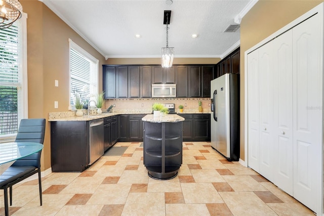 107 Wekiva Pointe Cir, Apopka, FL 32712 - kitchen featuring fridge with ice dispenser, stainless steel dishwasher, ornamental molding, light stone countertops, and open shelves