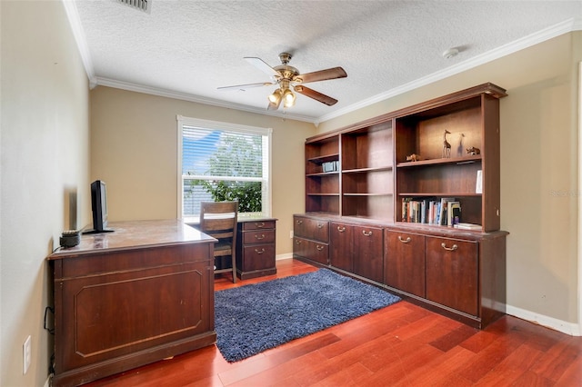 107 Wekiva Pointe Cir, Apopka, FL 32712 - office featuring a ceiling fan, wood finished floors, ornamental molding, a textured ceiling, and baseboards