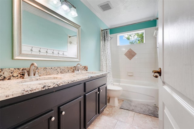 107 Wekiva Pointe Cir, Apopka, FL 32712 - full bathroom featuring toilet, shower / bathtub combination with curtain, double vanity, crown molding, and tile patterned floors