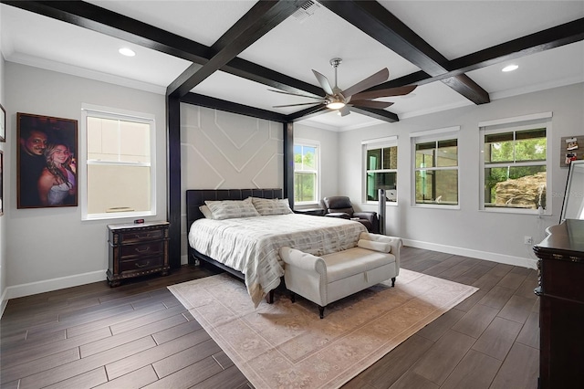 14501 Wabasso Loop, Winter Garden, FL 34787 - bedroom with baseboards, dark wood-type flooring, coffered ceiling, beamed ceiling, and recessed lighting