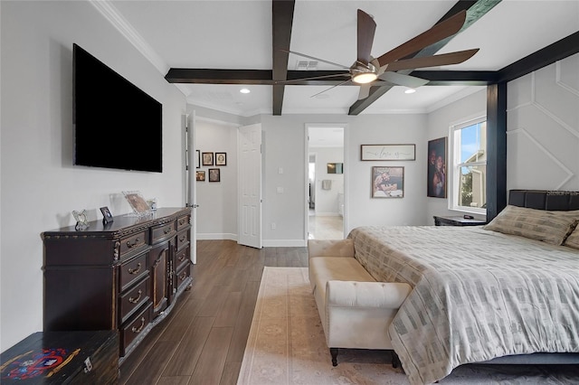 14501 Wabasso Loop, Winter Garden, FL 34787 - bedroom with dark wood-type flooring, recessed lighting, ornamental molding, baseboards, and beamed ceiling