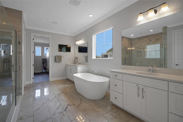 14501 Wabasso Loop, Winter Garden, FL 34787 - full bath featuring crown molding, a shower stall, marble look tile flooring, two vanities, and a soaking tub