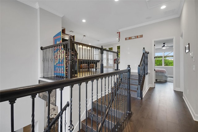 14501 Wabasso Loop, Winter Garden, FL 34787 - stairs featuring wood finished floors, recessed lighting, crown molding, baseboards, and ceiling fan