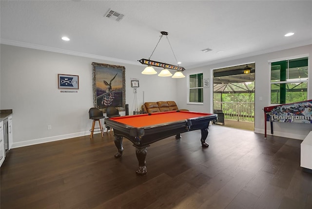 14501 Wabasso Loop, Winter Garden, FL 34787 - game room featuring crown molding, billiards table, recessed lighting, baseboards, and dark wood-type flooring