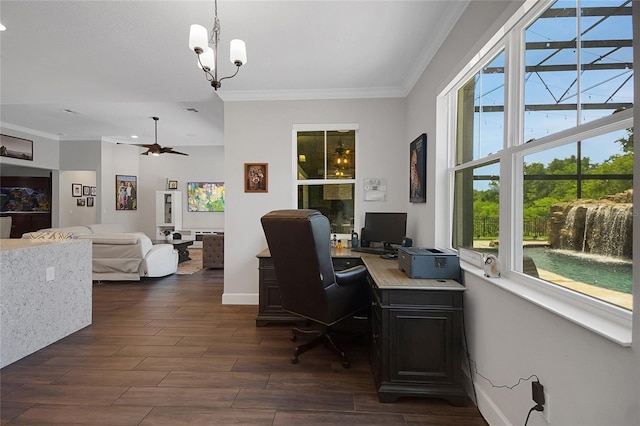 14501 Wabasso Loop, Winter Garden, FL 34787 - office space featuring ornamental molding, dark wood-style flooring, ceiling fan, a chandelier, and baseboards