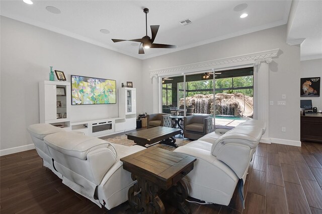 14501 Wabasso Loop, Winter Garden, FL 34787 - living room with crown molding, ceiling fan, dark wood-type flooring, baseboards, and recessed lighting
