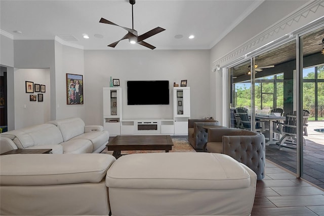 14501 Wabasso Loop, Winter Garden, FL 34787 - living room with a ceiling fan, crown molding, recessed lighting, and wood finished floors