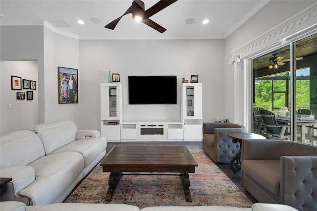 14501 Wabasso Loop, Winter Garden, FL 34787 - living room with a ceiling fan, ornamental molding, wood finished floors, and recessed lighting