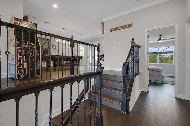 14501 Wabasso Loop, Winter Garden, FL 34787 - staircase with wood finished floors, a ceiling fan, ornamental molding, and recessed lighting