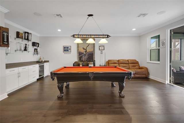 14501 Wabasso Loop, Winter Garden, FL 34787 - recreation room with a dry bar, pool table, crown molding, dark wood-style floors, and recessed lighting