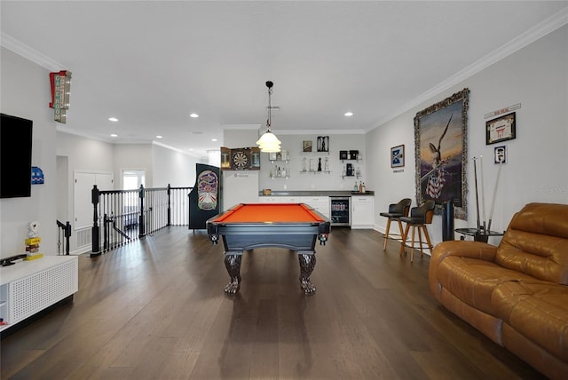 14501 Wabasso Loop, Winter Garden, FL 34787 - recreation room featuring beverage cooler, dark wood finished floors, a bar, pool table, and recessed lighting