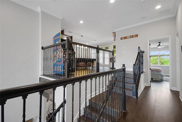 14501 Wabasso Loop, Winter Garden, FL 34787 - hall featuring an upstairs landing, ornamental molding, hardwood / wood-style flooring, and recessed lighting