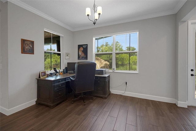 14501 Wabasso Loop, Winter Garden, FL 34787 - office area with a chandelier, plenty of natural light, dark wood-style flooring, and ornamental molding