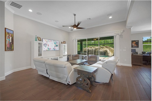 14501 Wabasso Loop, Winter Garden, FL 34787 - living area with crown molding, dark wood finished floors, ceiling fan, and recessed lighting