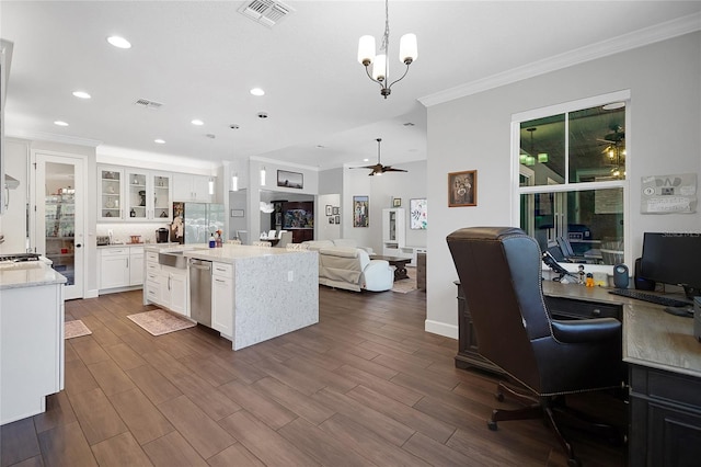 14501 Wabasso Loop, Winter Garden, FL 34787 - kitchen with ornamental molding, dishwasher, a desk, open floor plan, and recessed lighting